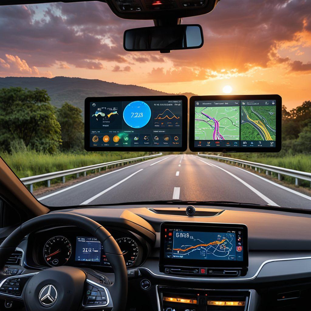 A futuristic dashboard displaying various vehicle monitoring systems in action, with highlighted features like GPS tracking, real-time alerts, and speed monitoring. In the background, a serene road winding through nature, emphasizing safety and peace of mind. Include diverse vehicles, from cars to trucks, illustrating versatility in monitoring solutions. The setting should have a soft glow of sunset, symbolizing enhancement in road safety. super-realistic. vibrant colors.