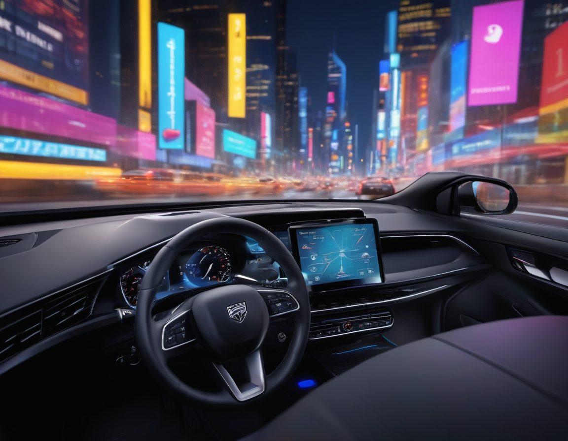 A close-up view of a sleek modern car equipped with a high-tech safety camera integrated into its rearview mirror, set against a vibrant city backdrop. The scene should illustrate a comparison of insurance documents showing reduced premiums and highlighted safety statistics, promoting a sense of security and innovation in automotive technology. Add elements of digital safety icons around the car to emphasize protection. super-realistic. vibrant colors. 3D.